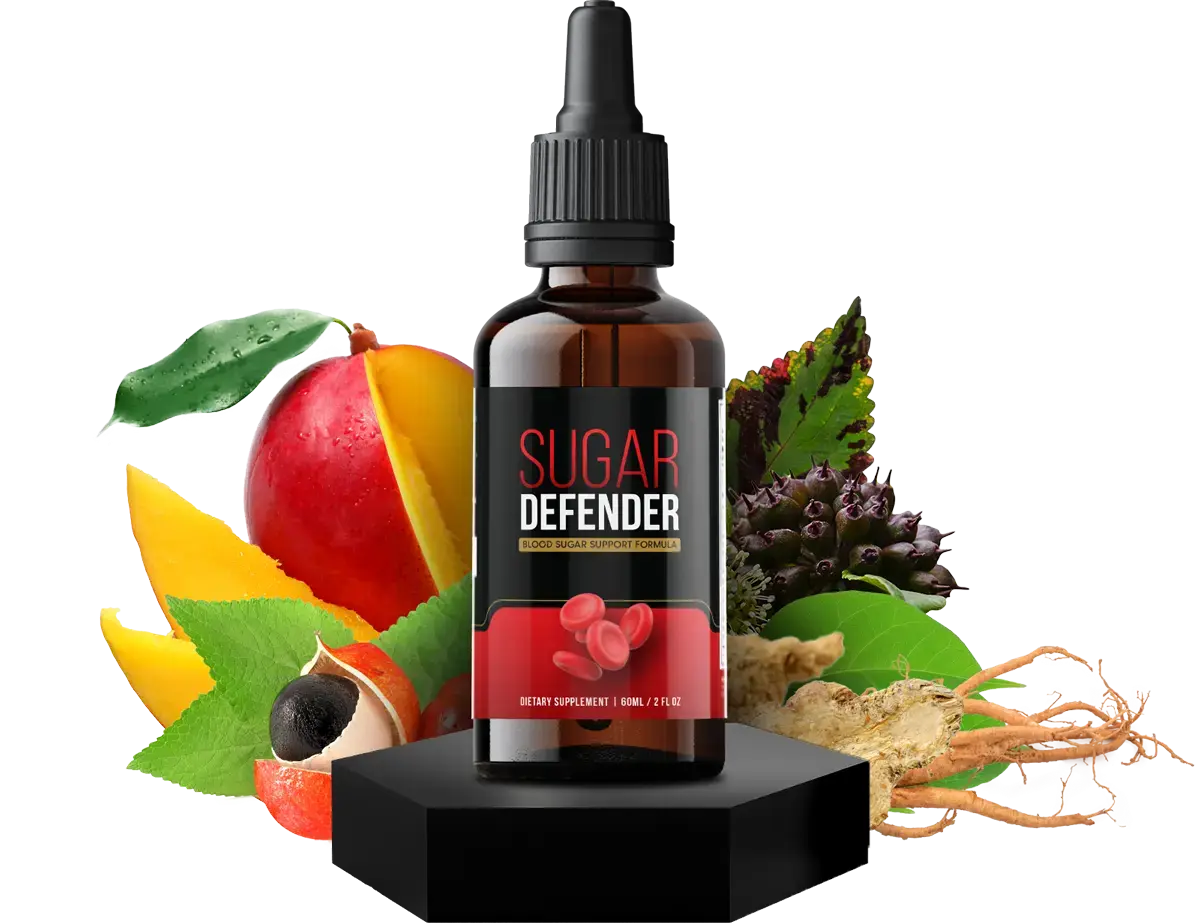 Sugar Defender liquid blood sugar support formula bottle with its natural ingredients